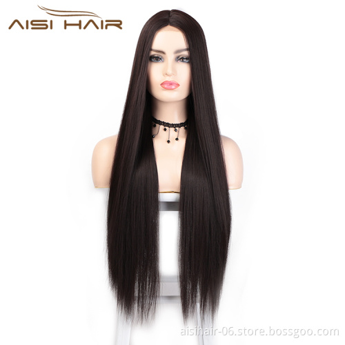 Aisi Hair Cheap 26 Inch Brown Wig Long Straight Silky Lace Frontal Wig Middle Part Synthetic Front Lace Hair Wigs For Women